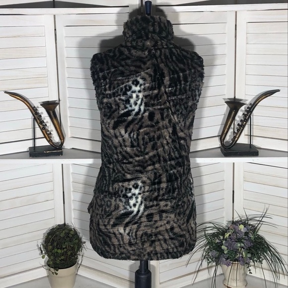Vintage Y2K reversible Vest Animal Print Faux Fur Cinch Quilted Black/Brown L - Picture 5 of 14